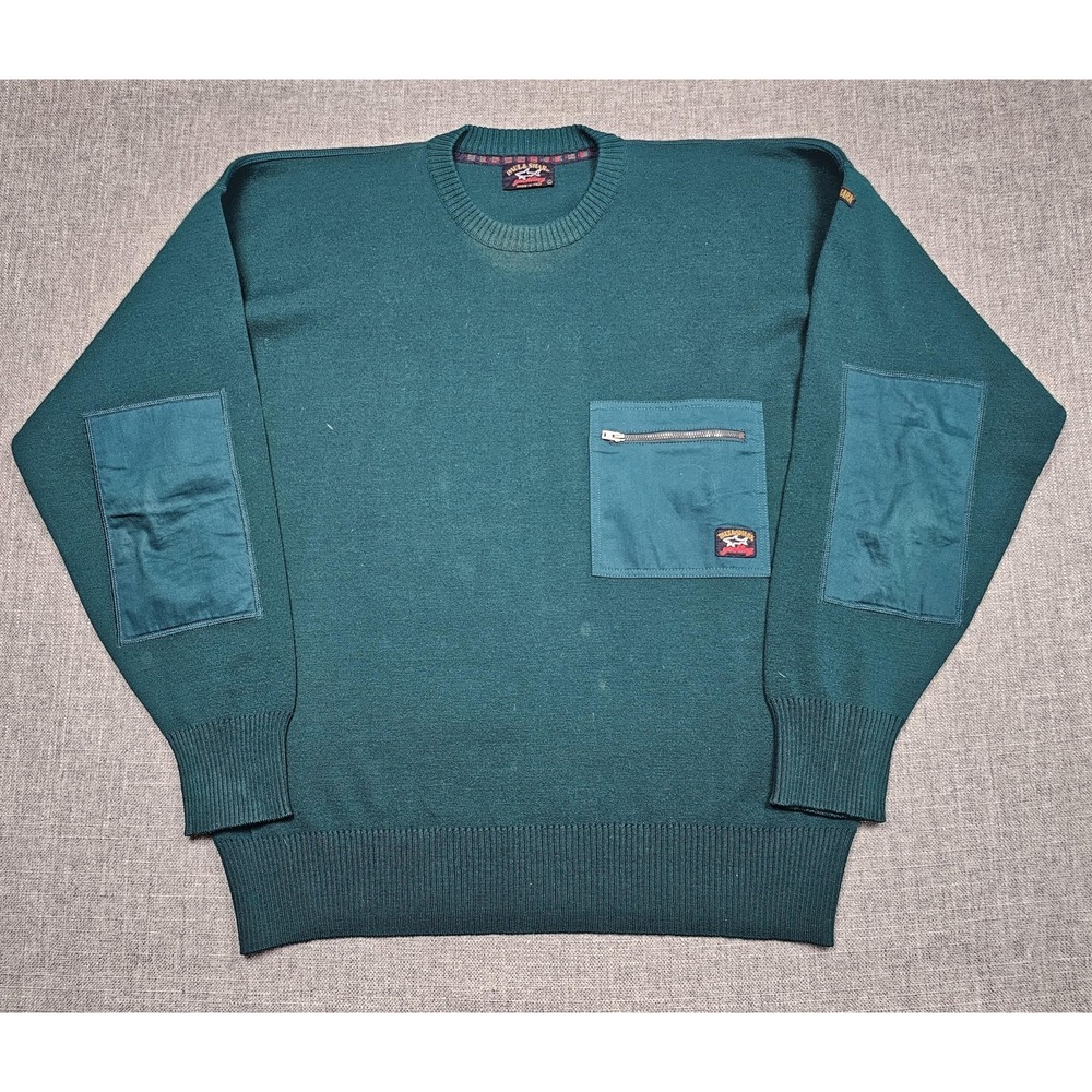 VTG Paul & Shark Sweater Mens XL Green Zip Pocket Crewneck Yachting Made Italy